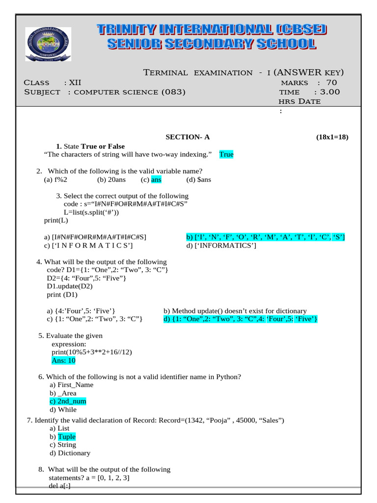 Computer Science XII Exam Answer Key | PDF | Parameter (Computer ...