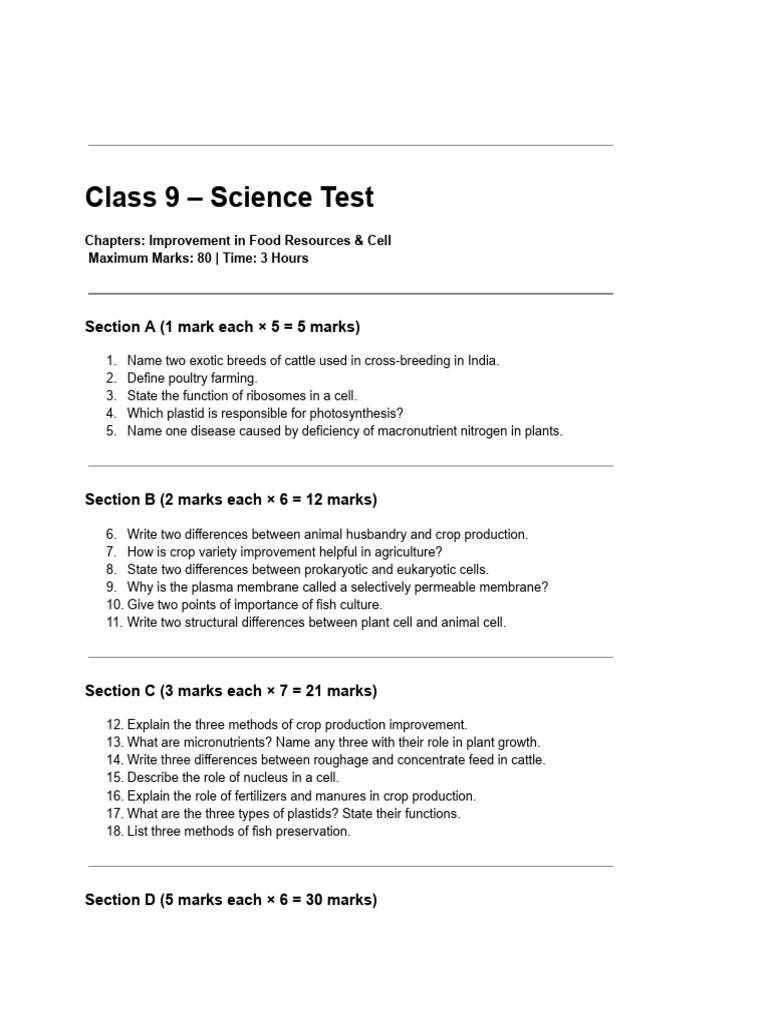 Class 9 Science Test: Food & Cell Topics | PDF