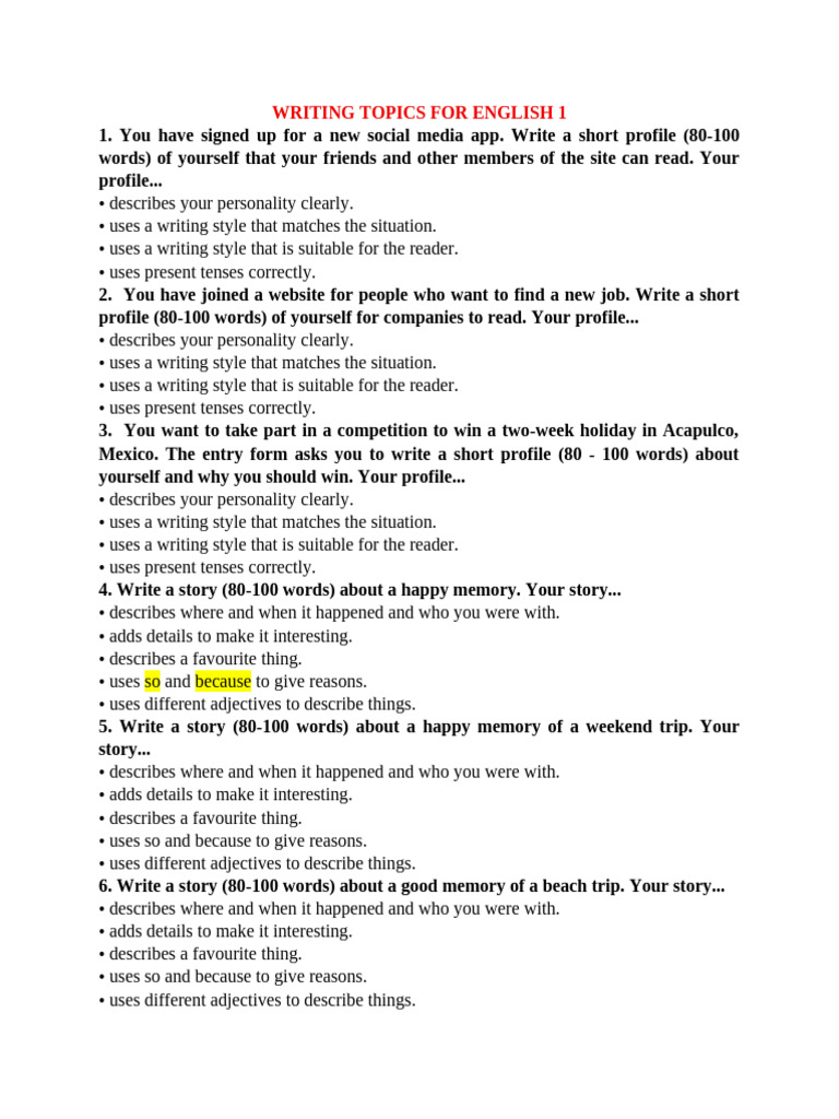 Writing Topics for English 1 | PDF | Recipe | Syntax