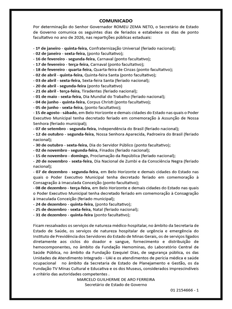 Feriados e Pontos Facultativos 2026 MG | PDF