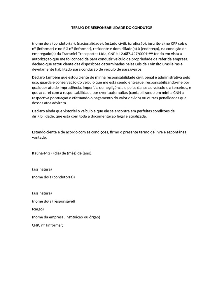 Termo de Responsabilidade do Condutor | PDF