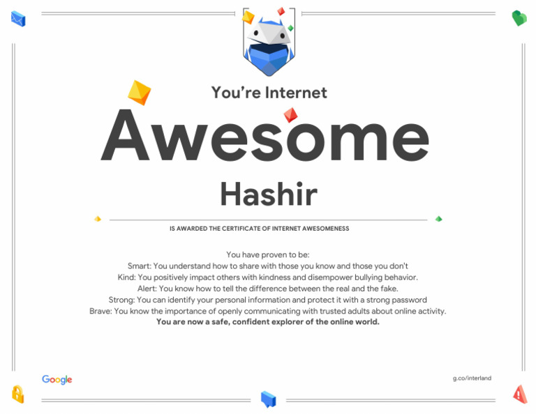 Google Interland Hashir Certificate of Awesomeness | PDF