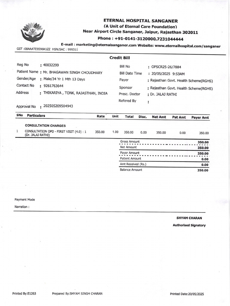 Eternal Hospital Sanganer Bill Summary | PDF