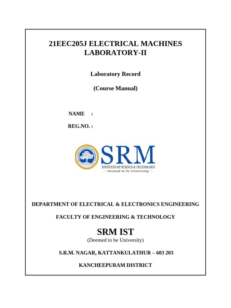 Electrical Machines Lab Manual 21EEC205J | PDF | Electric Motor | Power ...