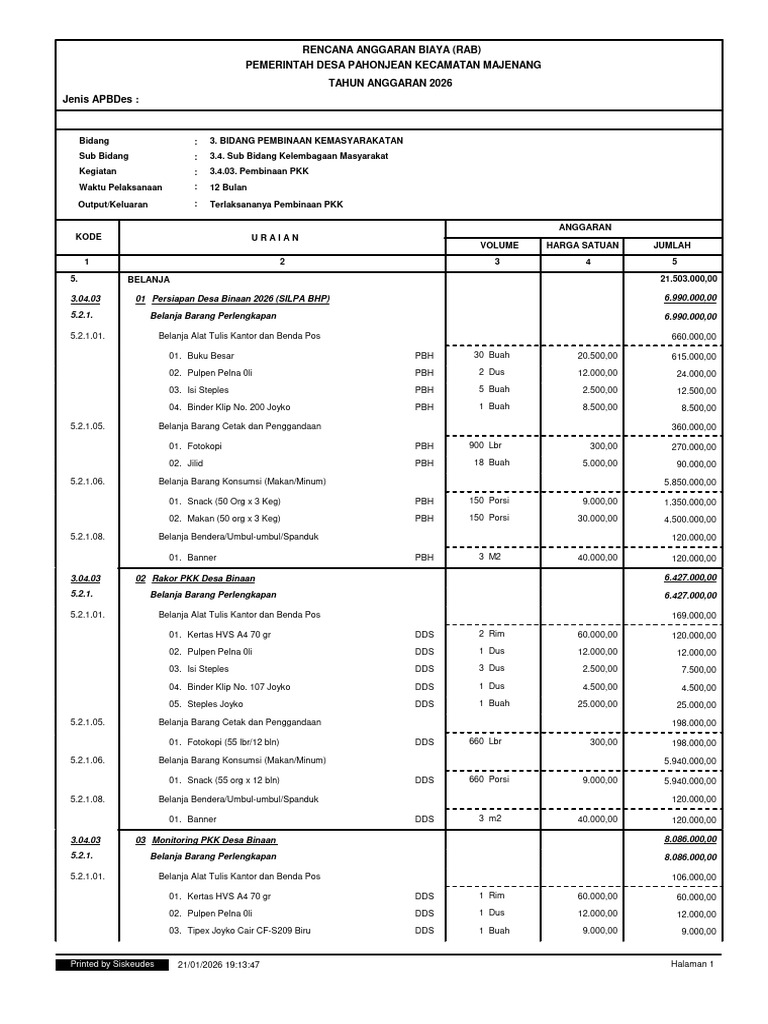RAB 2026 Pemerintah Desa Pahonjean | PDF