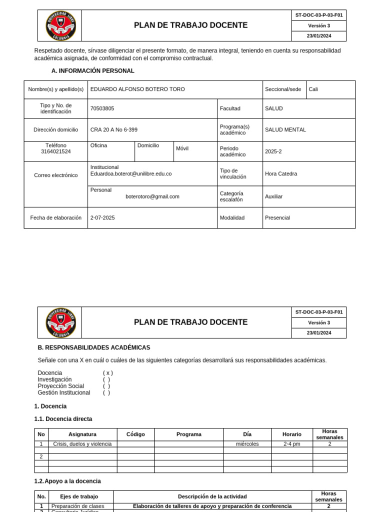 Plan de Trabajo Docente 2025-2 | PDF