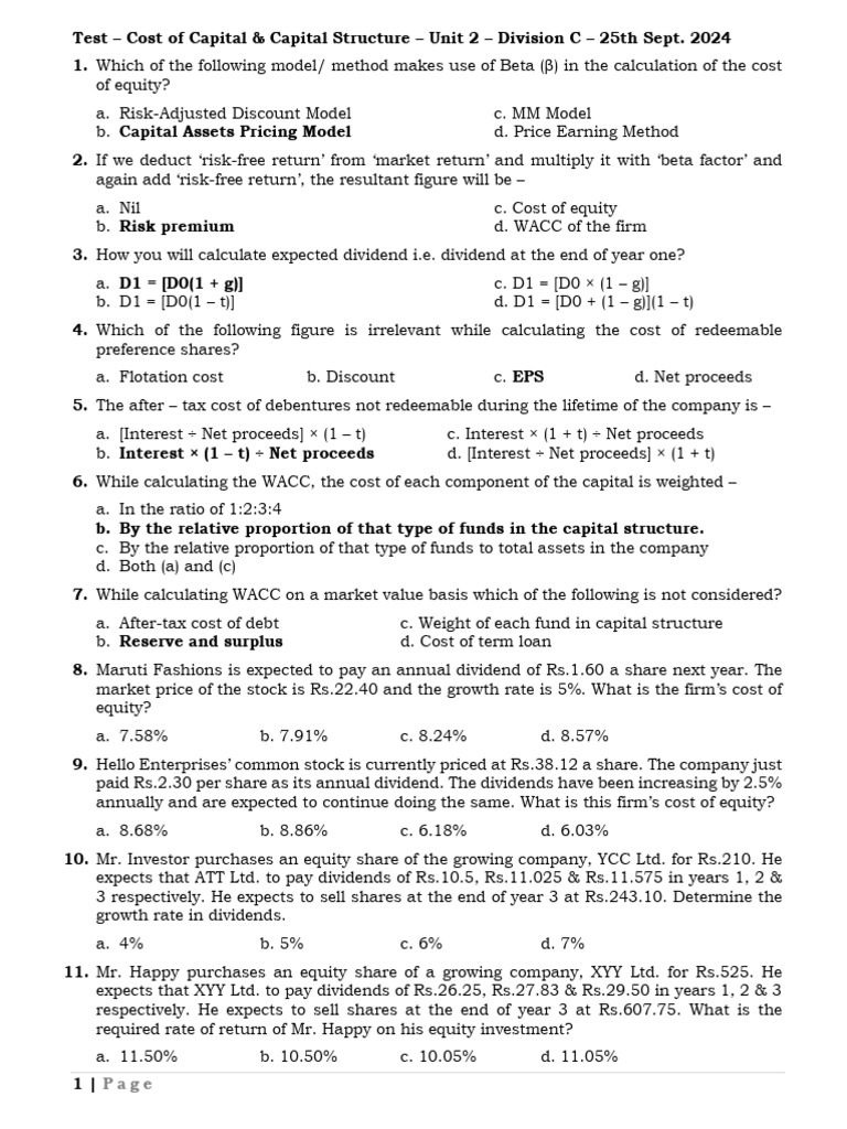 Cost of Capital & Structure Exam Guide | PDF | Capital Structure | Cost ...