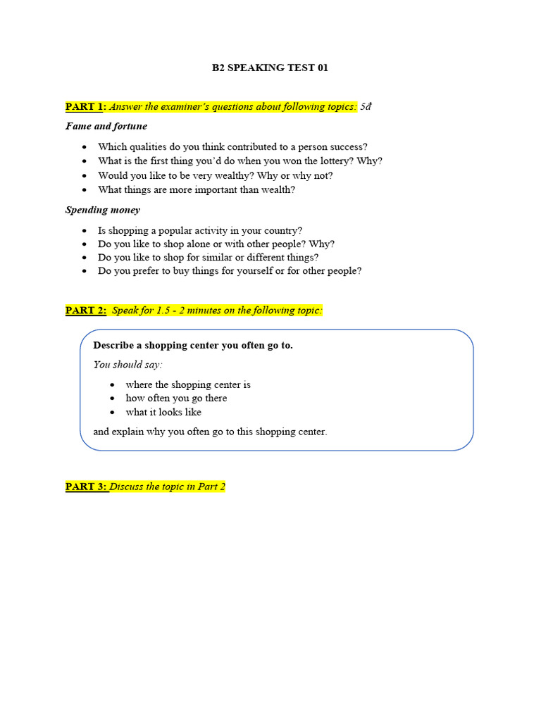 B2 Speaking Test Topics and Prompts | PDF