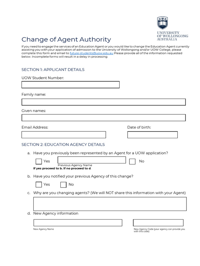Change of Education Agent Form UOW | PDF