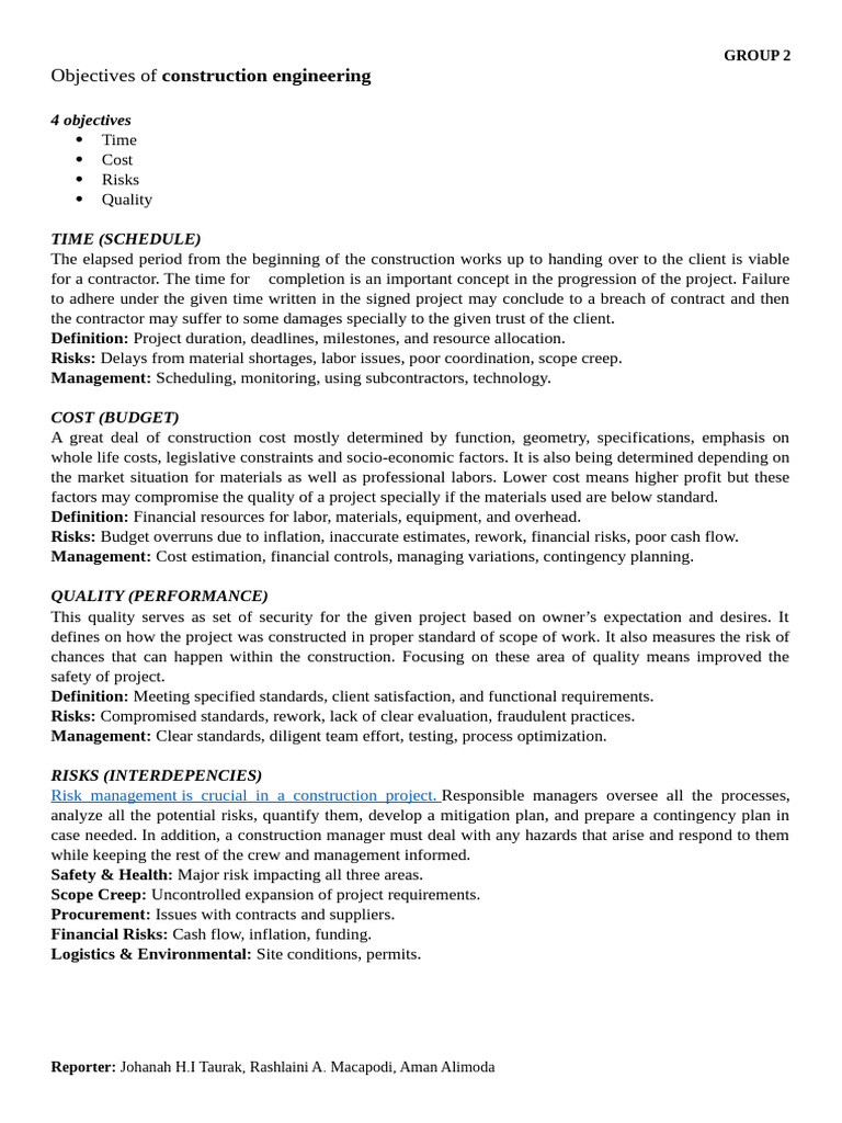 Construction Engineering Objectives Explained | PDF | Risk ...