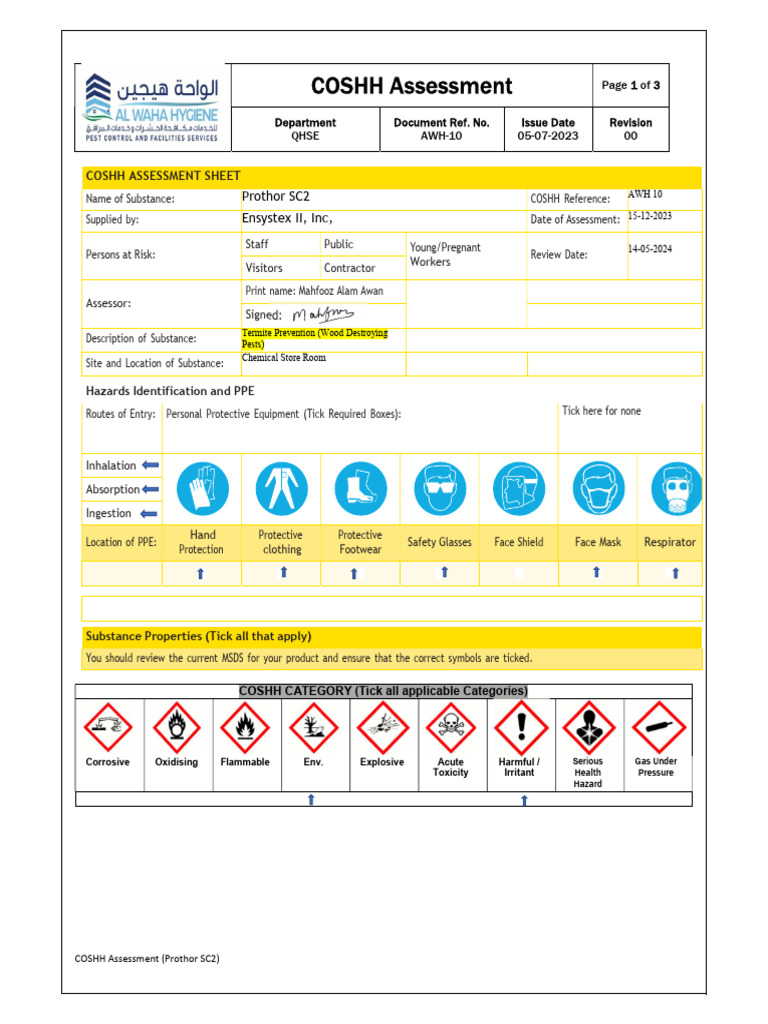 COSHH Assessment for Prothor SC2 | PDF | Personal Protective Equipment ...