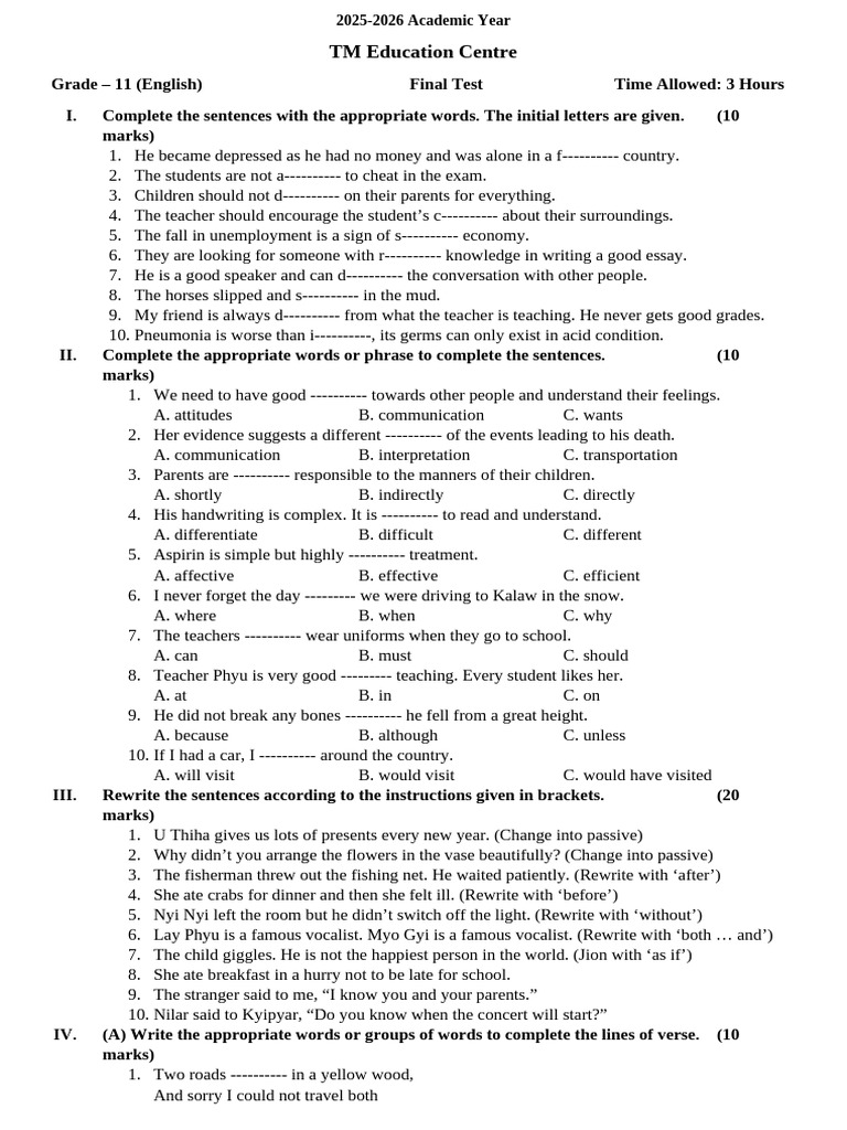 Grade 11 English Final Test 2025-2026 | PDF