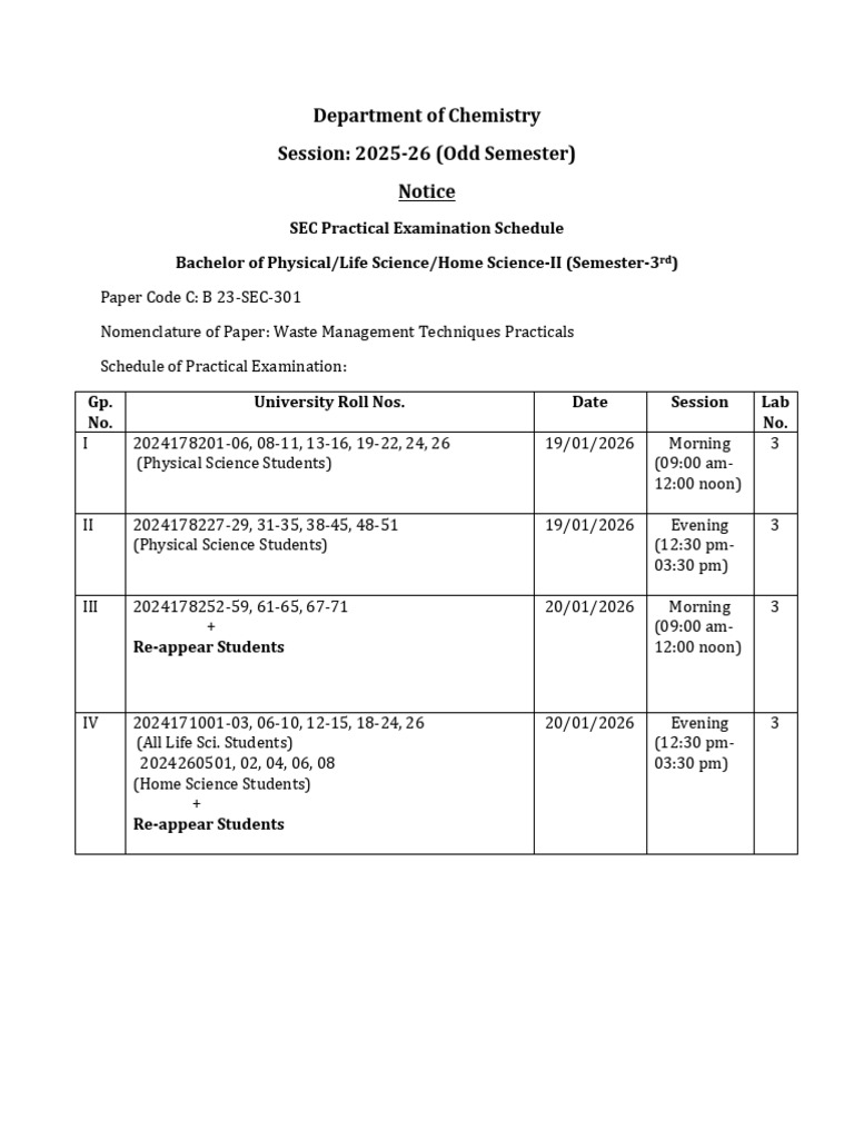 SEC Practical Exam Schedule 2025-26 | PDF