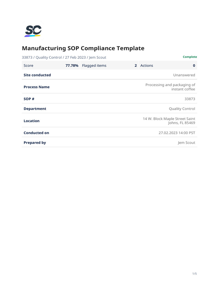 Instant Coffee Manufacturing SOP Template | PDF | Coffee