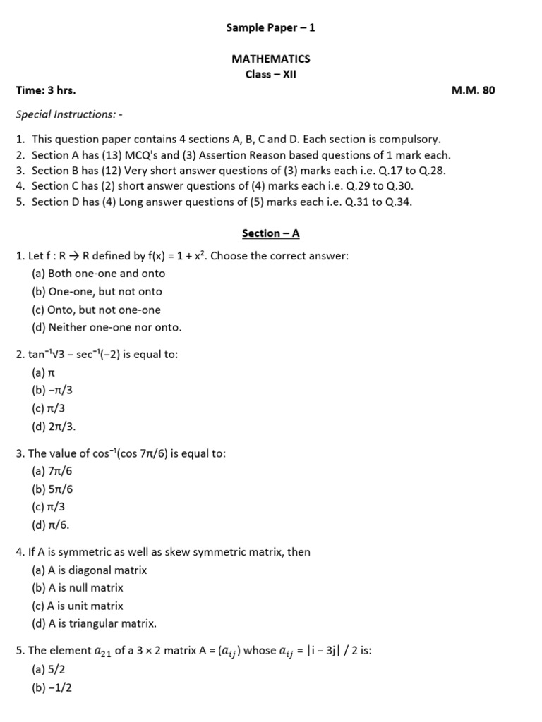 Class XII Mathematics Sample Paper | PDF | Matrix (Mathematics) | Area