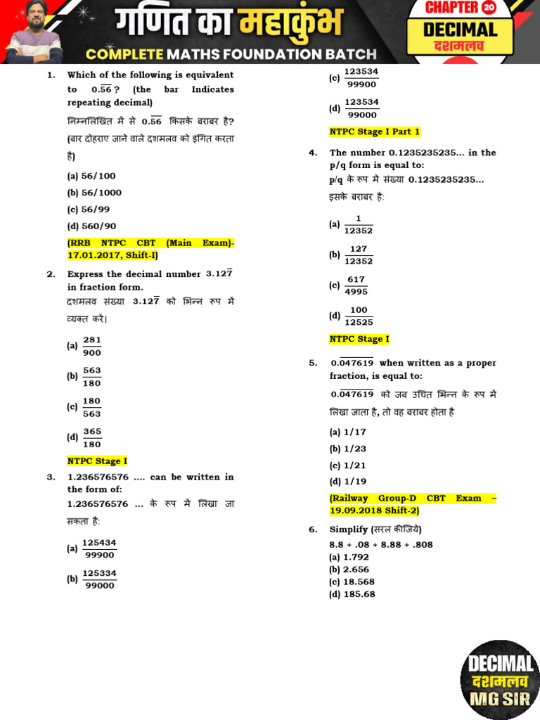 Math Problems and Solutions for RRB NTPC | PDF | Arithmetic ...