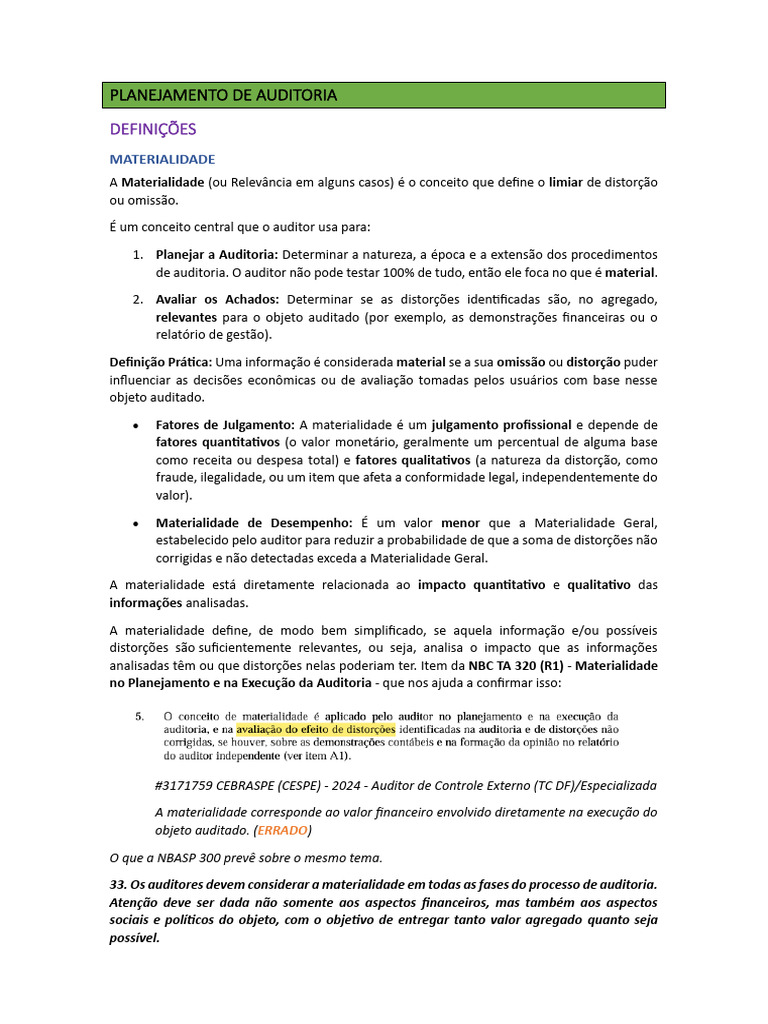 Planejamento de Auditoria: Materialidade e Risco | PDF | Contabilidade ...