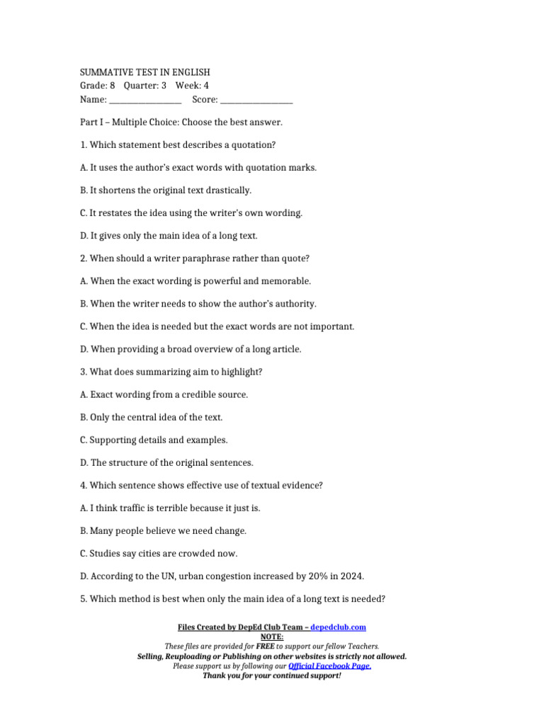 Grade 8 English Summative Test Guide | PDF | Truth | Evidence