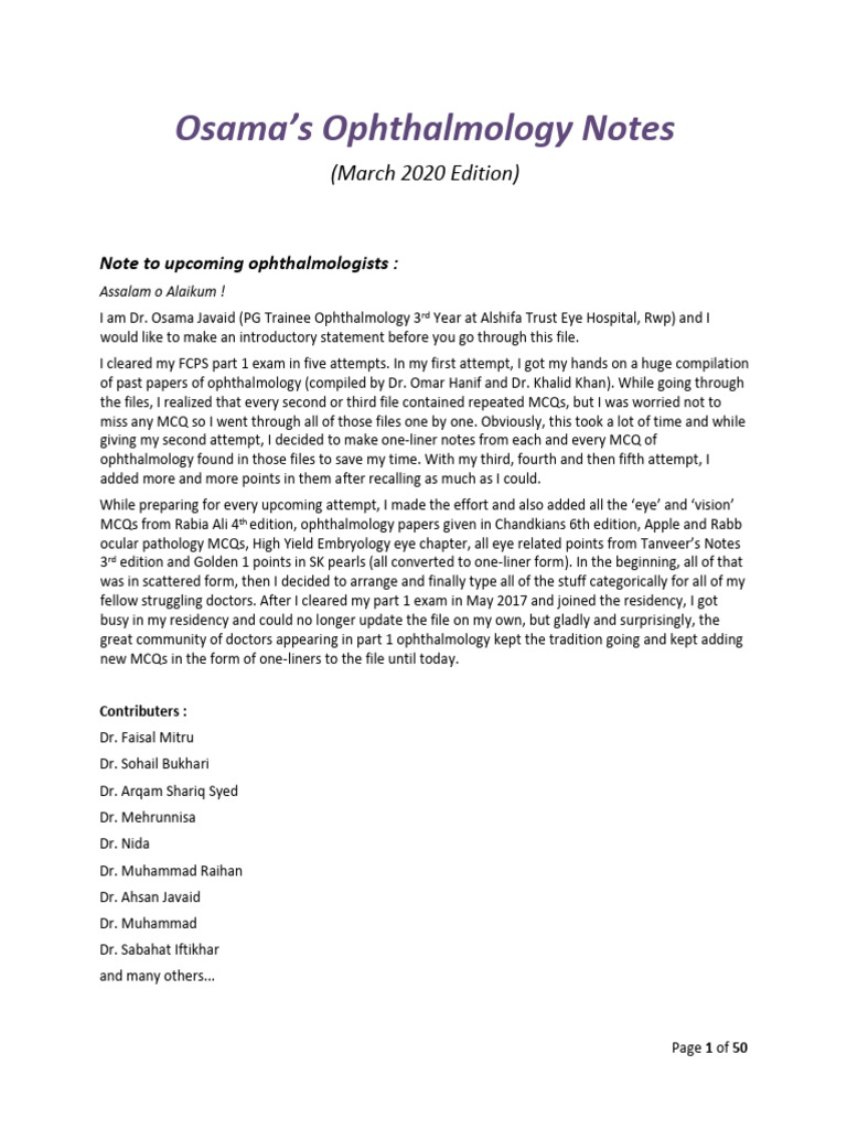 Ophthalmology MCQ One-Liners Guide | PDF | Retina | Cornea