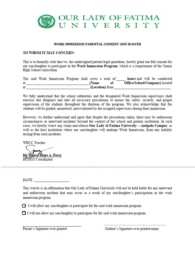 Work Immersion Parental Consent Form | PDF