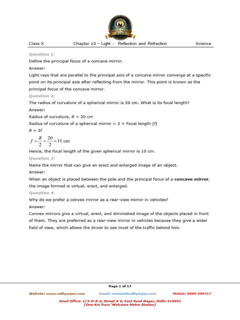 Chapter 10 Light - -Reflection and Refraction | PDF | Mirror | Applied ...