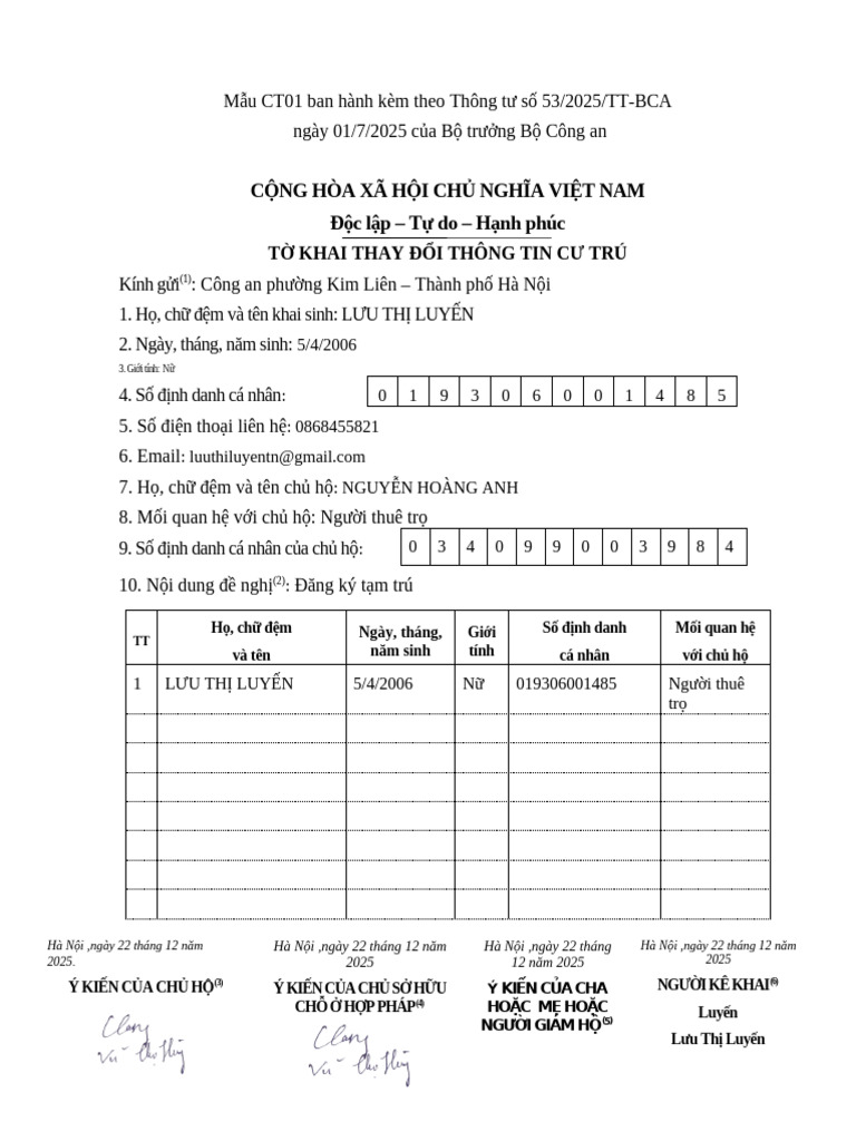 T Khai Thông Tin Thay Đ I Cư Trú | PDF