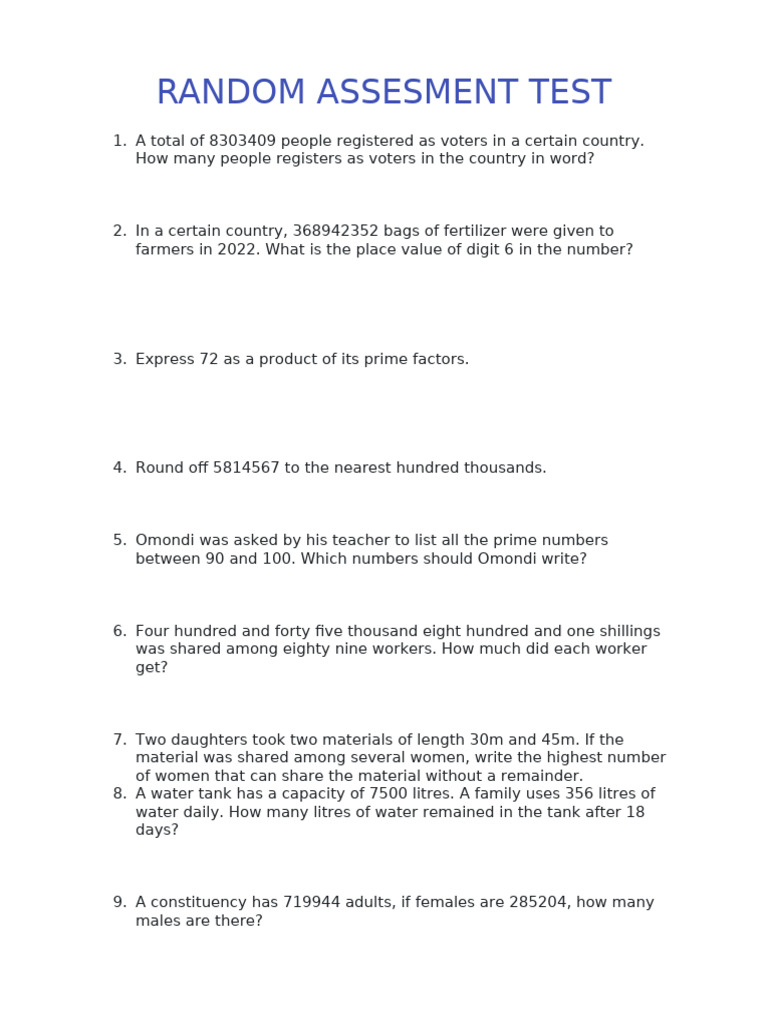 Comprehensive Math Assessment Test | PDF
