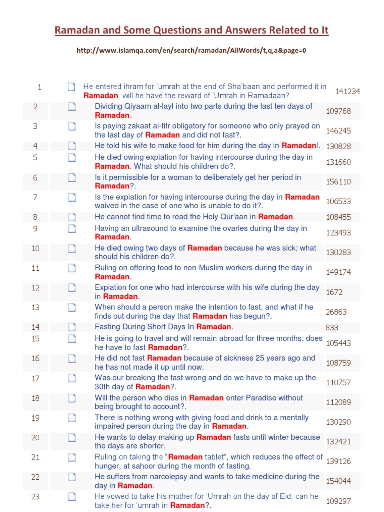 Ramadan And Some Questions And Answers Related To It Http Www Islamqa Com En Search Ramadan Allwords T Q A Page 0 Pdf Ramadan Fasting