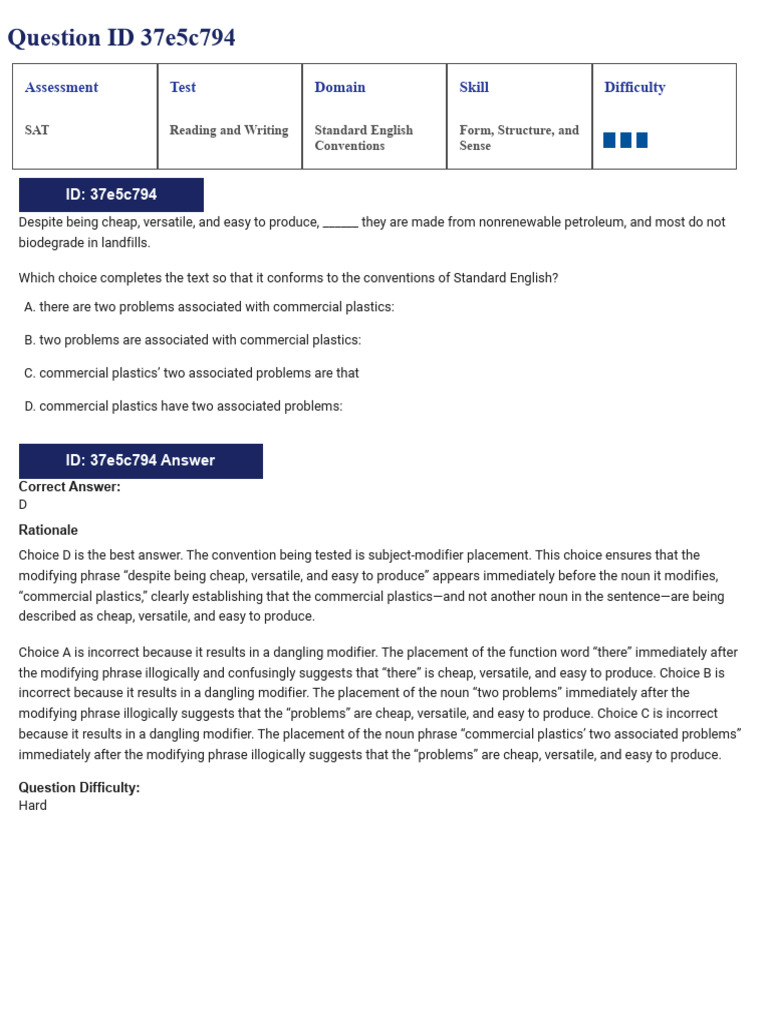 SAT RW, Form, Structure, And Sense, H, Solution | PDF | Grammatical ...