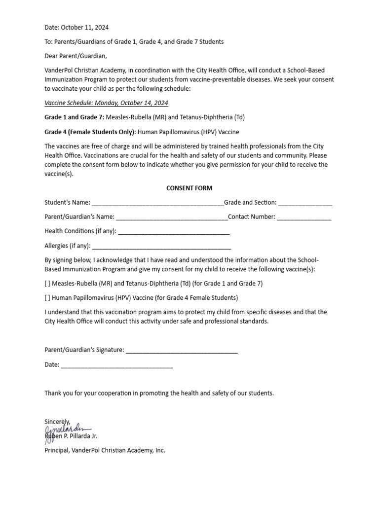 School Immunization Program Consent Form | PDF