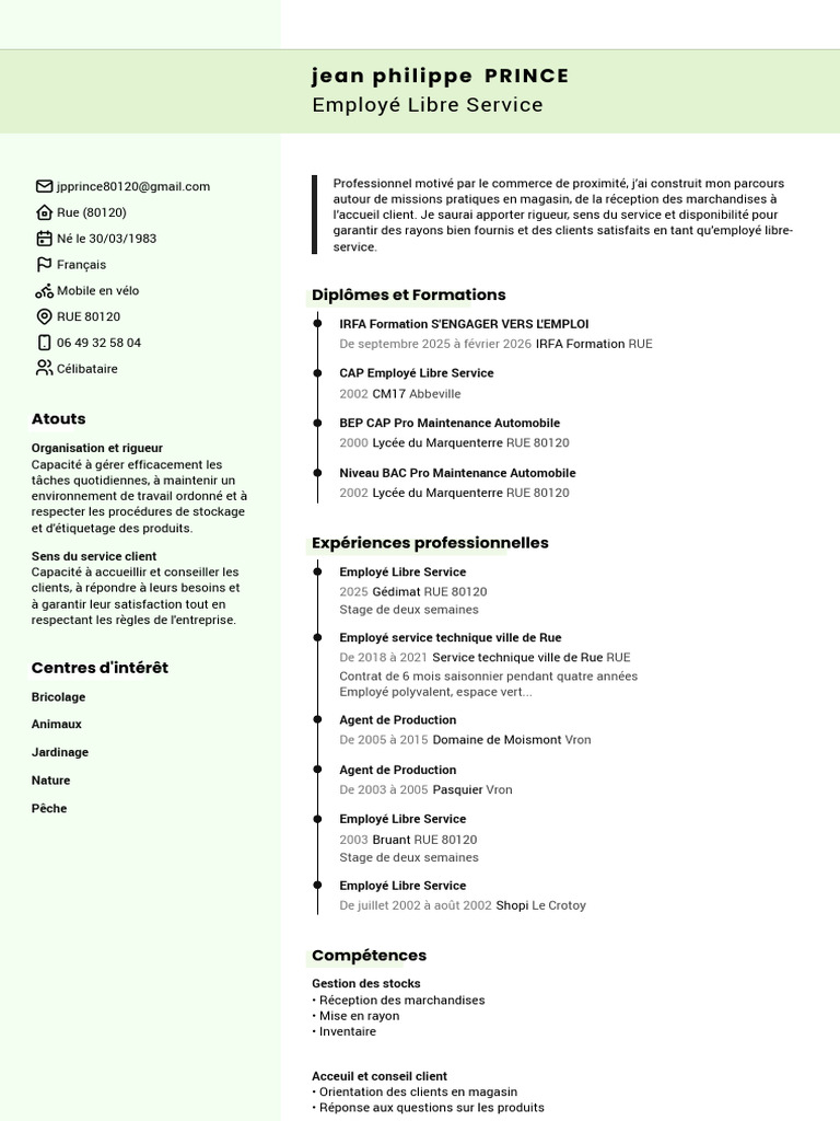 CV Jean Philippe Prince - Employé Libre Service | PDF