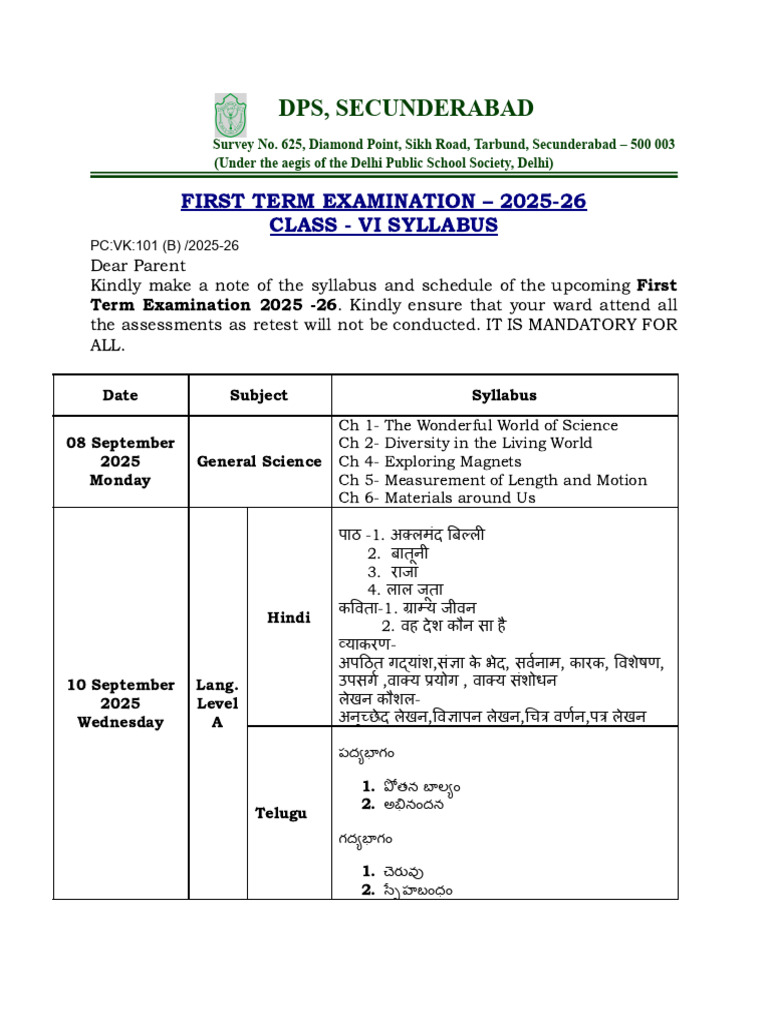 Class VI First Term Exam Syllabus 2025-26 | PDF | Language Mechanics ...