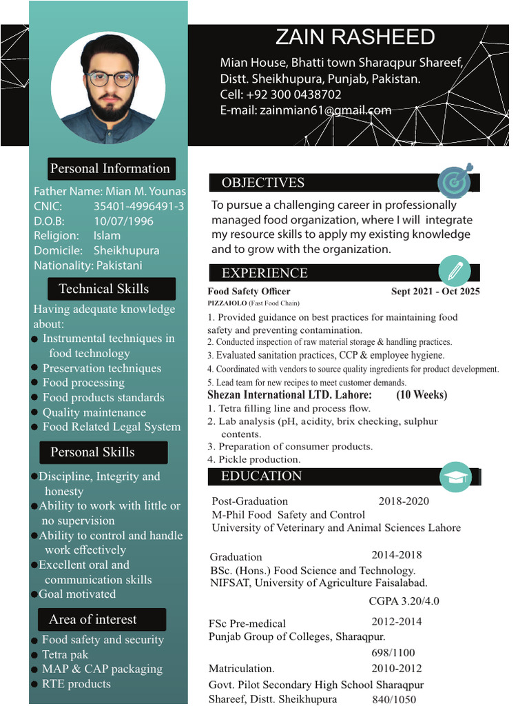 Zain Rasheed Cv | PDF | Food Safety