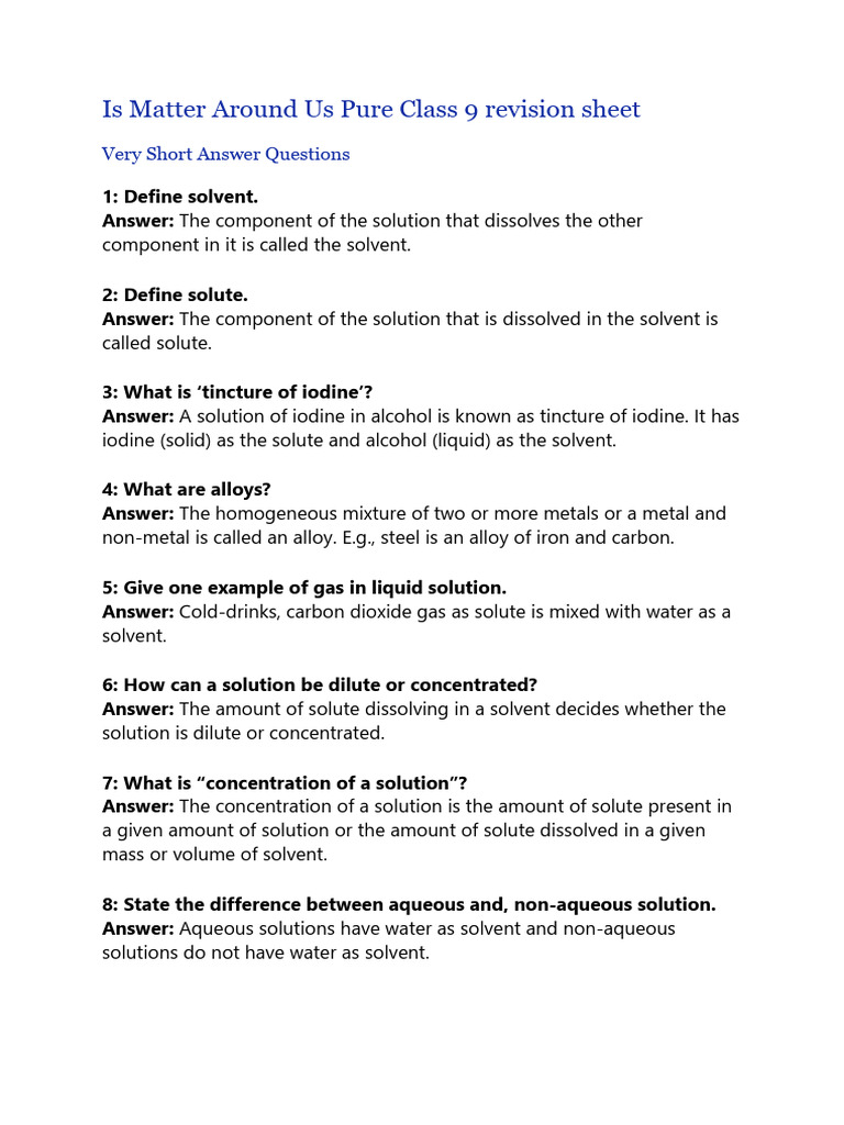 Class 9 Matter Revision: Solutions & Mixtures | PDF | Solubility | Mixture