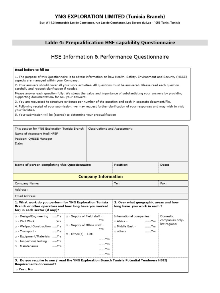 HSE Capability Questionnaire for YNG Tunisia | PDF | Employment | Safety