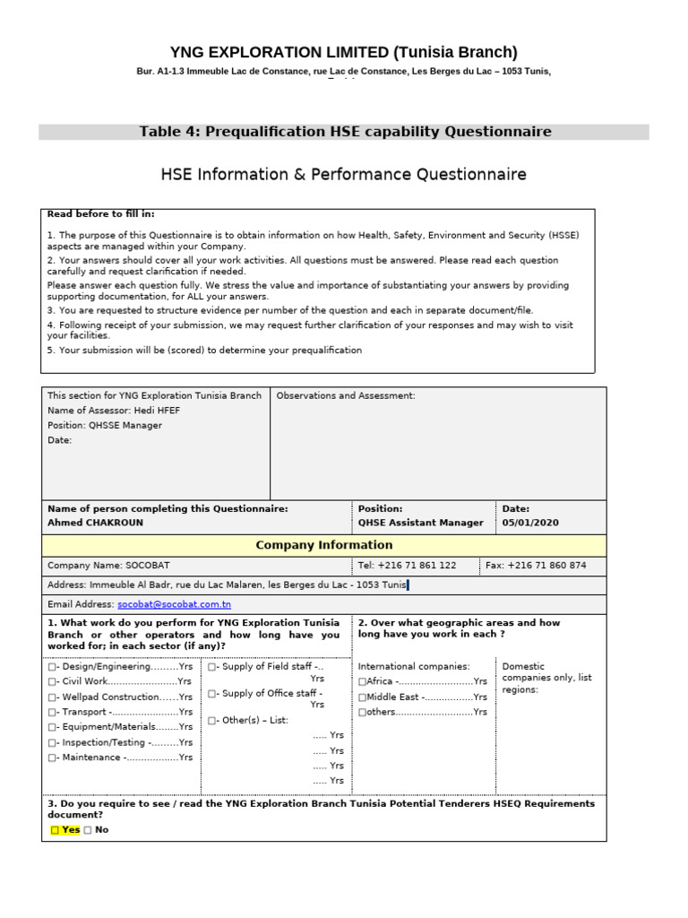 HSE Capability Questionnaire for YNG Exploration | PDF | Audit | Risk
