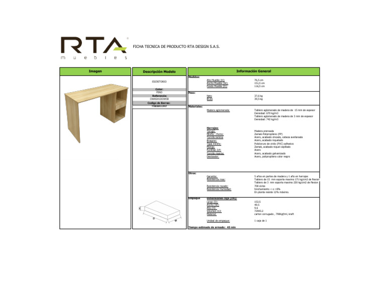 Escritorio RTA Design: Ficha Técnica Completa | PDF | Madera | Rieles