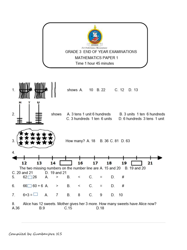 Grade 3 Mathematics Exam Questions | PDF | Chess | Chess Theory