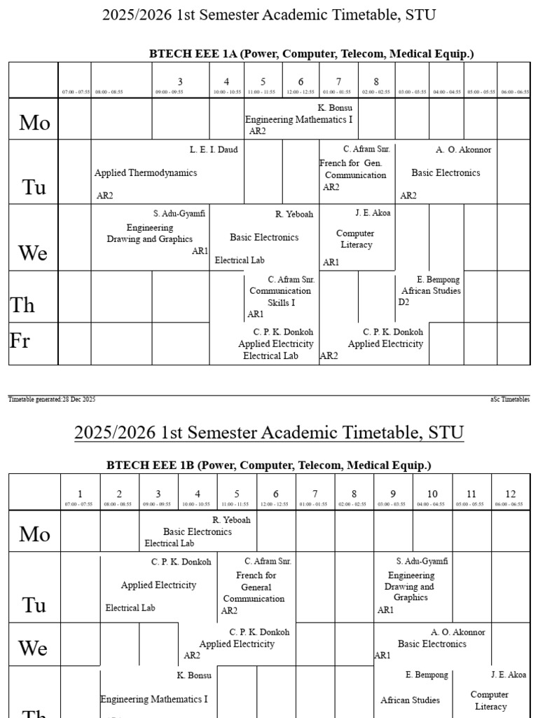 2025/2026 1st Semester Academic Timetable | PDF | Electrical ...