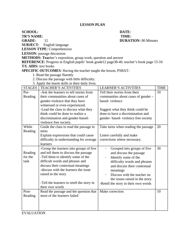 English Comprehension Lesson Plan | PDF | Reading Comprehension ...