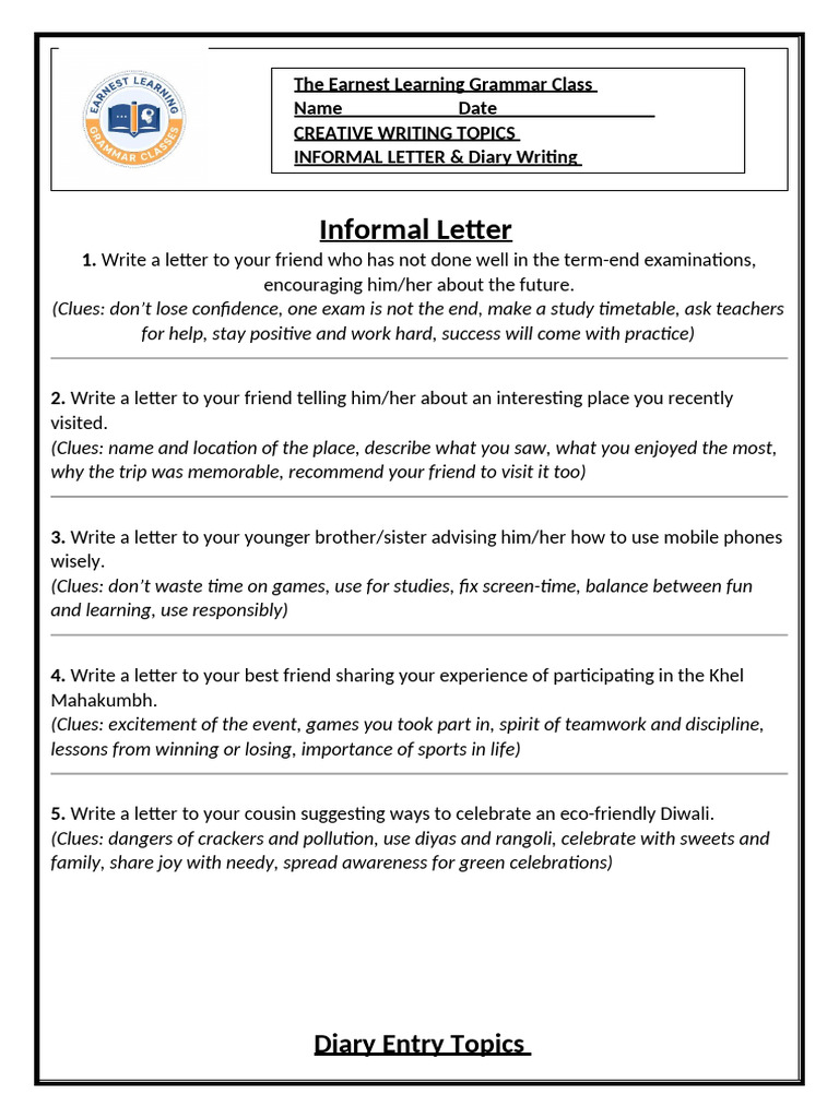 Informal Letter & Diary Writing Topics | PDF | Psychology