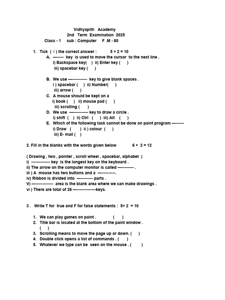 Class 1 Computer | PDF | Cursor (User Interface) | Computer Keyboard