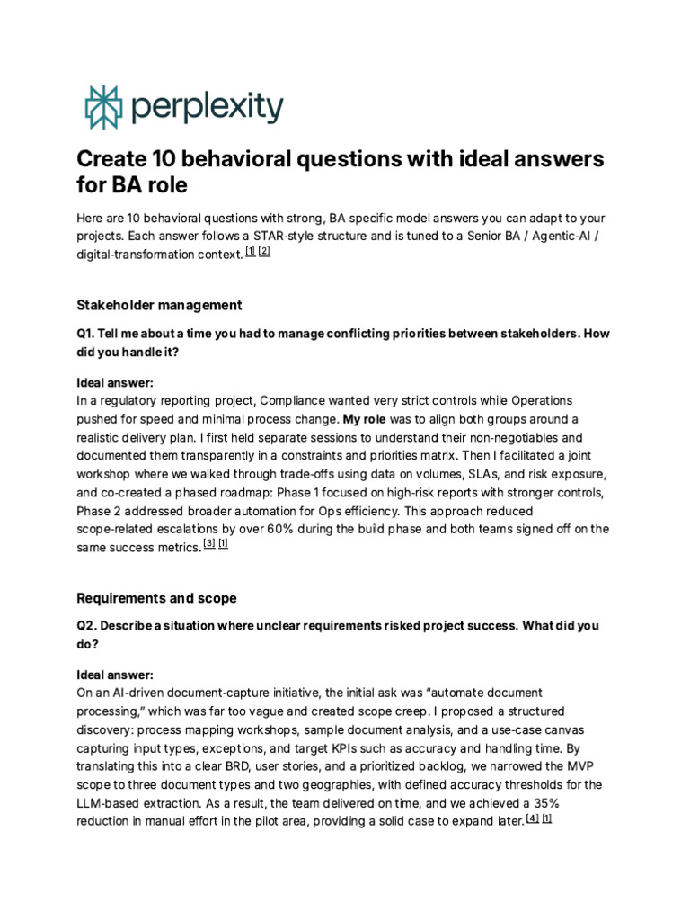 10 Behavioral Questions for Senior BAs | PDF | Artificial Intelligence ...
