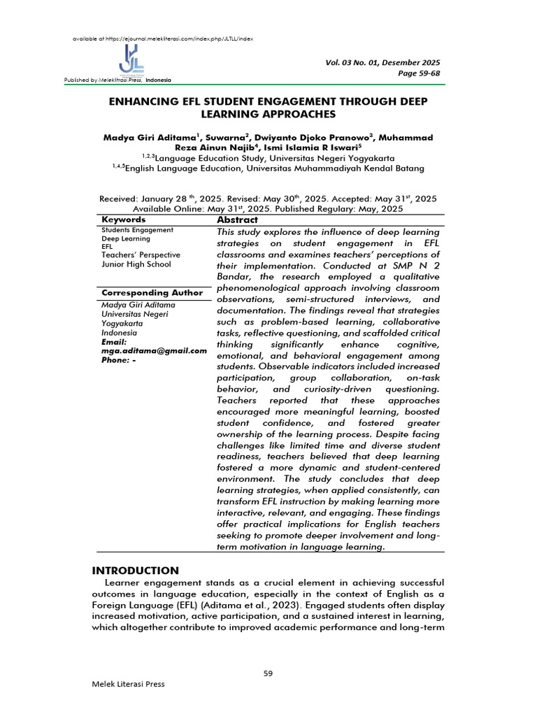 Deep Learning Boosts EFL Engagement | PDF | Learning | Teachers