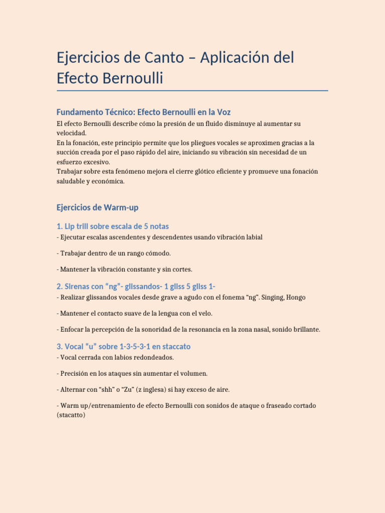 Ejercicios de Canto y Efecto Bernoulli | PDF | Sonido | Vocal