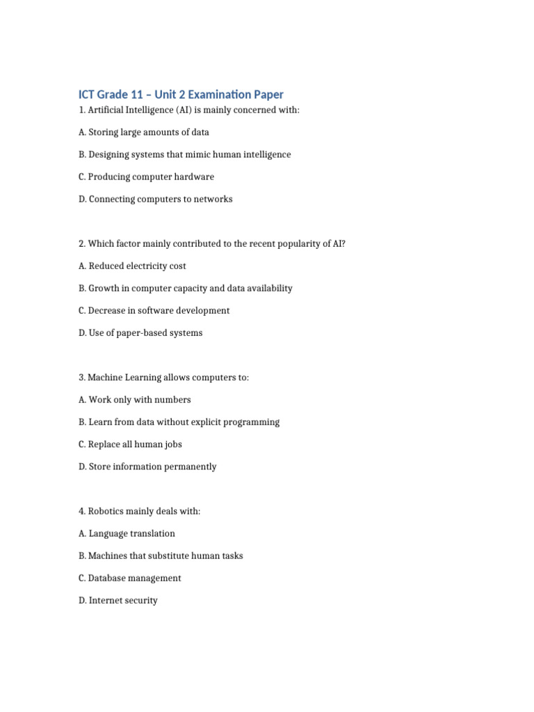 ICT Grade 11 Unit 2 Exam on AI & Databases | PDF | Relational Model ...