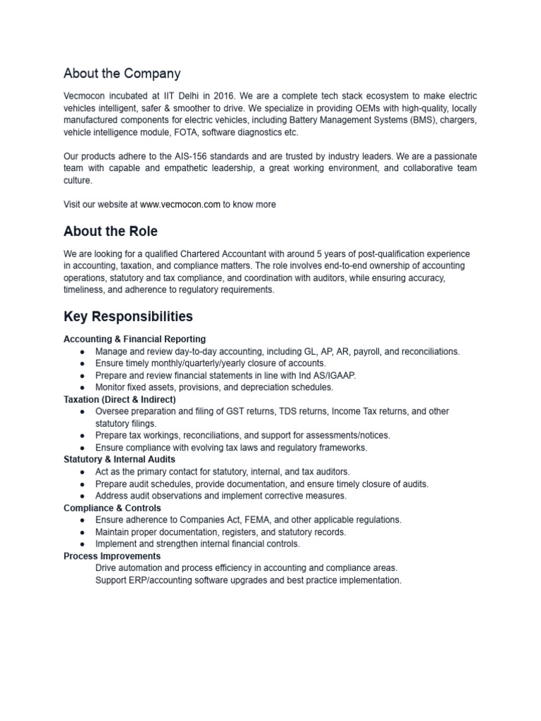 Chartered Accountant Role at Vecmocon | PDF | Audit | Accounting