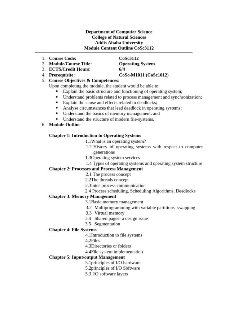 Operating Systems Course Outline CoSc3112 | PDF | Operating System ...