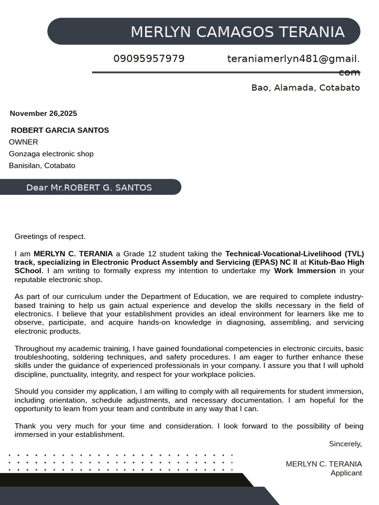 Work Immersion Application for EPAS NC II | PDF