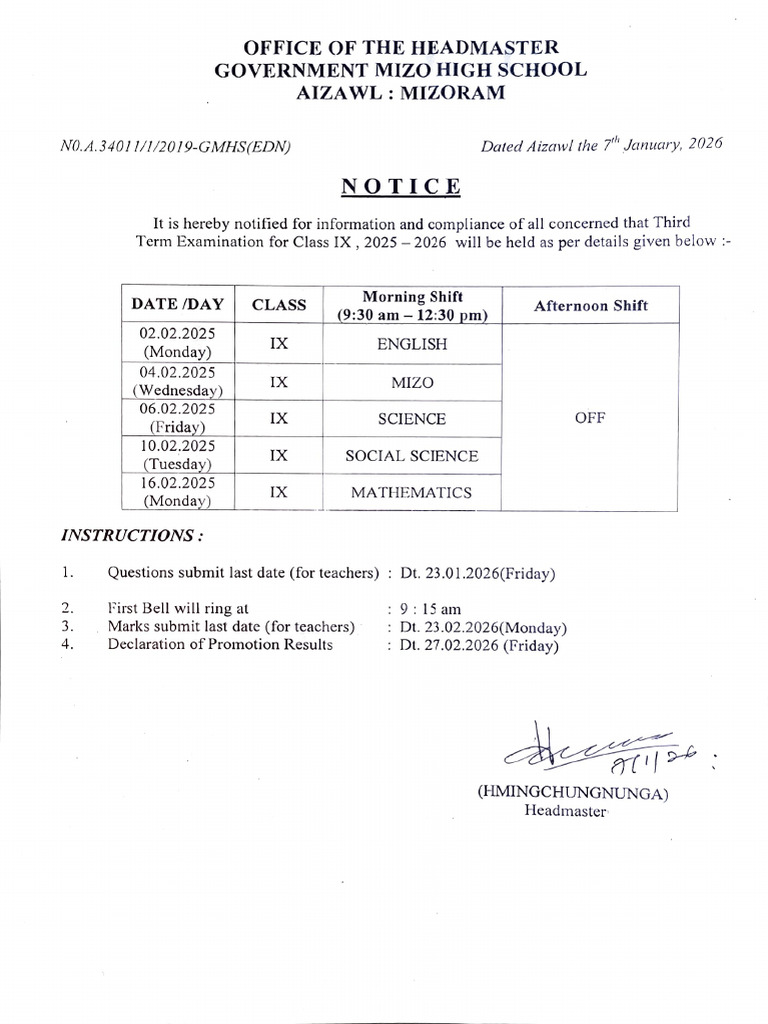 Class IX Third Term Exam Schedule 2025 | PDF